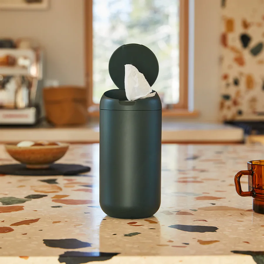 Biom refillable wipe dispenser on a terrazzo countertop